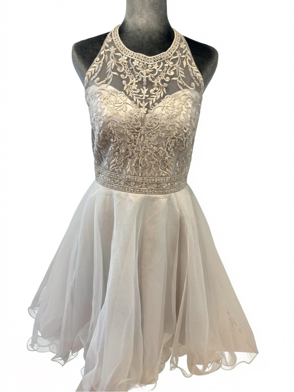 May Queen Silver Embroidered Lace Halter Tulle Fit Flare Homecoming Dress 8 NWOT